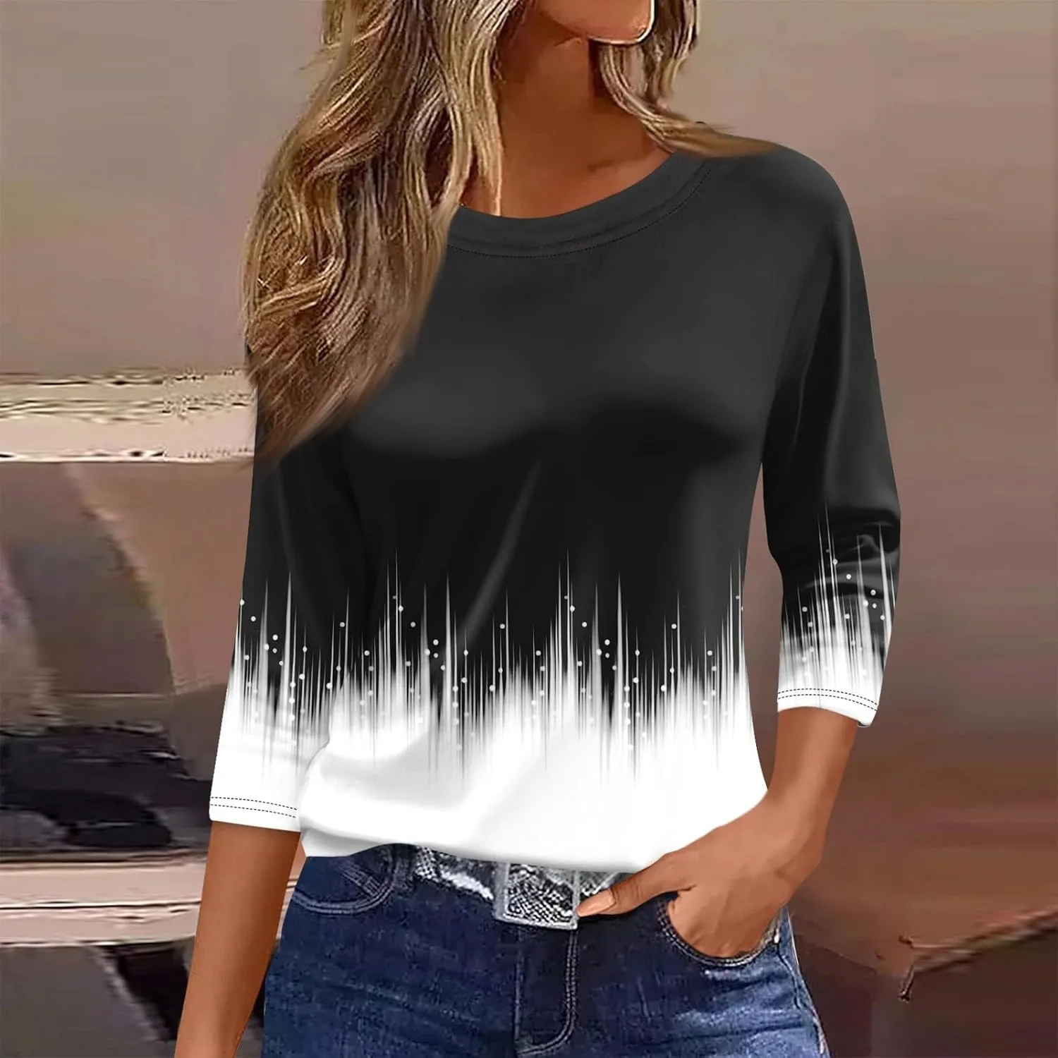 3/4 Length Sleeve Womens Tops Summer 2025 Dressy Casual Crew Neck Shirts Plus Size Loose Fit Spring Floral Blouse