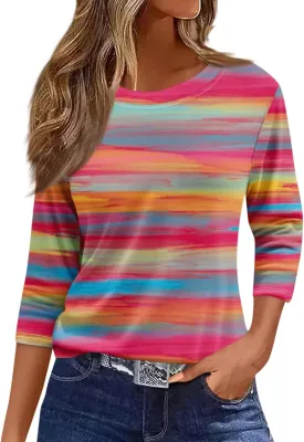 3/4 Length Sleeve Womens Tops Summer 2025 Dressy Casual Crew Neck Shirts Plus Size Loose Fit Spring Floral Blouse