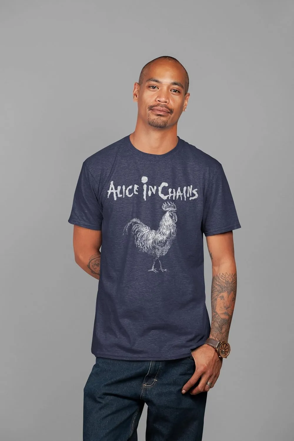 Alice in Chains Logo & Rooster Adult Navy Heather Short Sleeve T Shirt 90s Rock Vintage Style Graphic Tee
