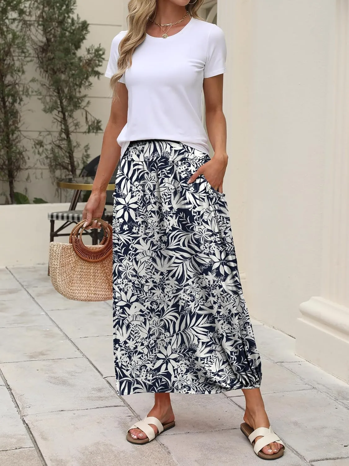 ANRABESS Women's Summer Long Maxi Skirts 2025 Trendy Ankle Length High Waisted Boho Flowy Beach Skirt with Pockets Fashion