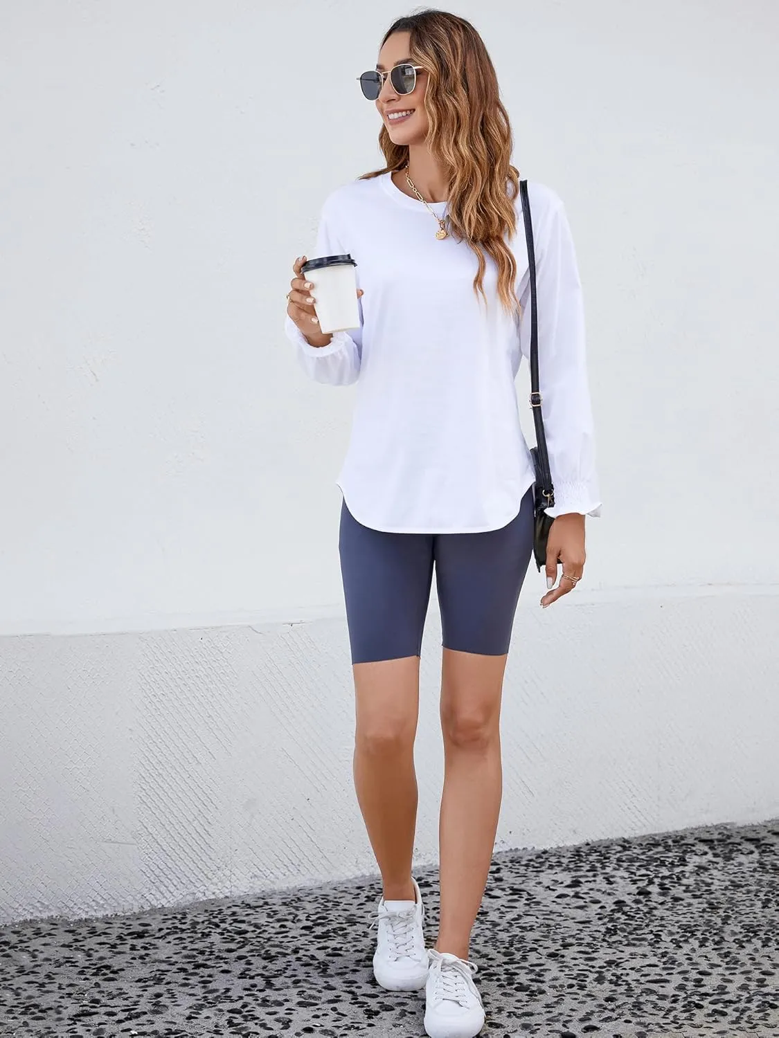 Atnlewhi Womens Puff Long Sleeve T Shirts Casual Crew Neck Basic Pullover Tee Tops Blouses
