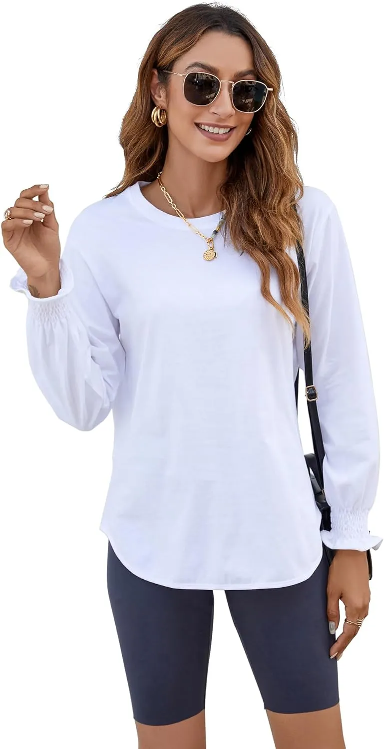 Atnlewhi Womens Puff Long Sleeve T Shirts Casual Crew Neck Basic Pullover Tee Tops Blouses