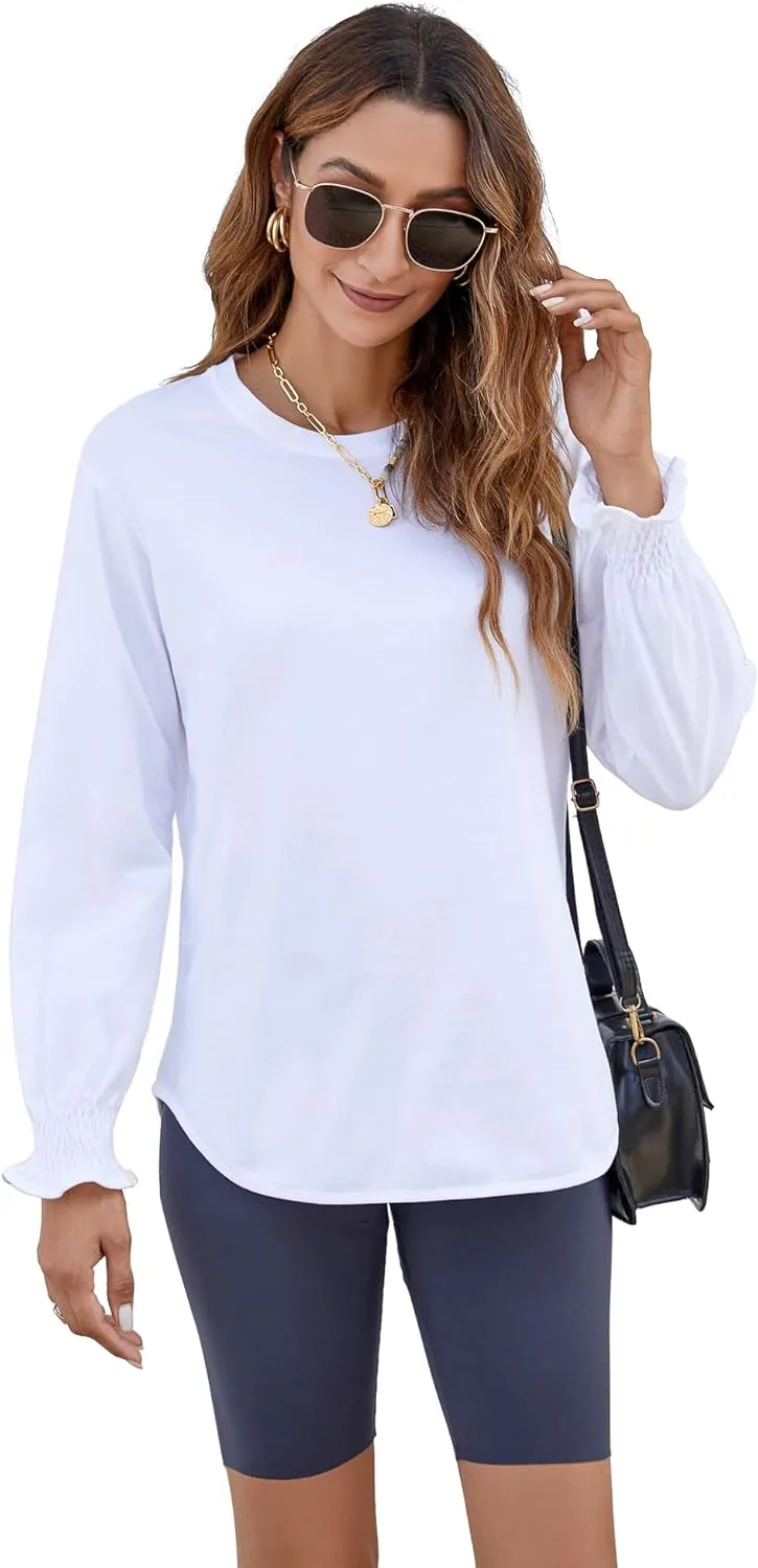 Atnlewhi Womens Puff Long Sleeve T Shirts Casual Crew Neck Basic Pullover Tee Tops Blouses