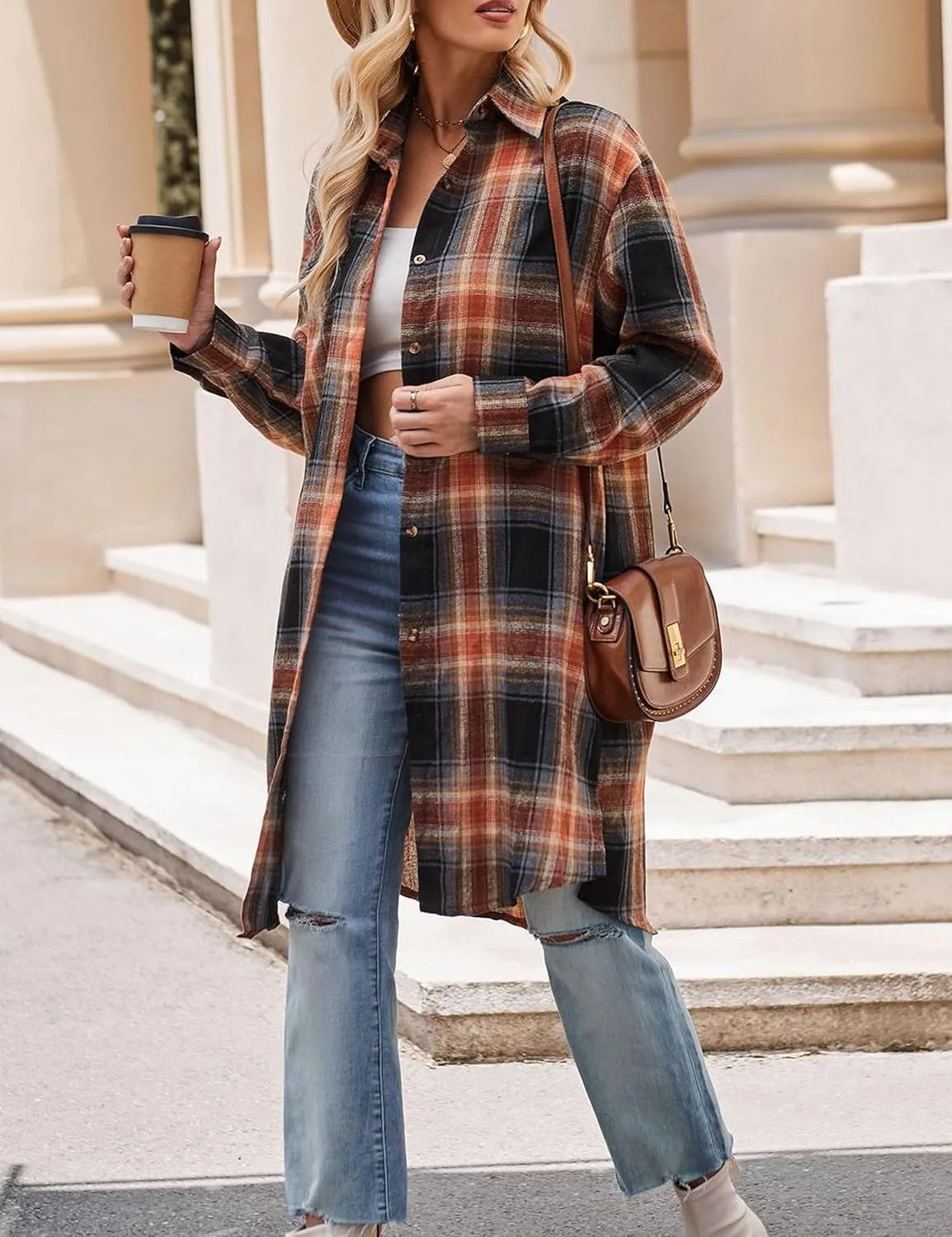 Bozanly Oversized Mid Long Plaid Flannel Shirts for Women Lapel Long Sleeve Check Blouse with Pockets