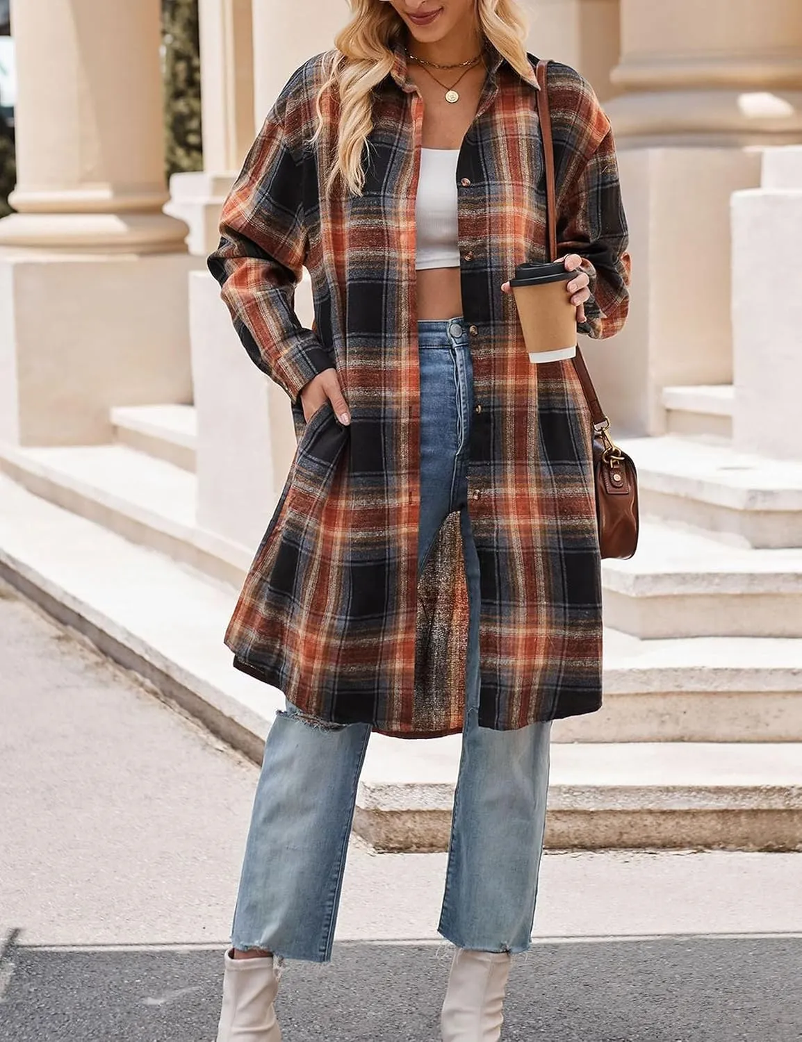 Bozanly Oversized Mid Long Plaid Flannel Shirts for Women Lapel Long Sleeve Check Blouse with Pockets
