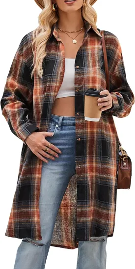 Bozanly Oversized Mid Long Plaid Flannel Shirts for Women Lapel Long Sleeve Check Blouse with Pockets