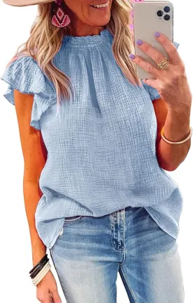 Dokotoo Casual Blouses for Women Crewneck Smocked Ruffle Short Sleeve Babydoll Womens Tops
