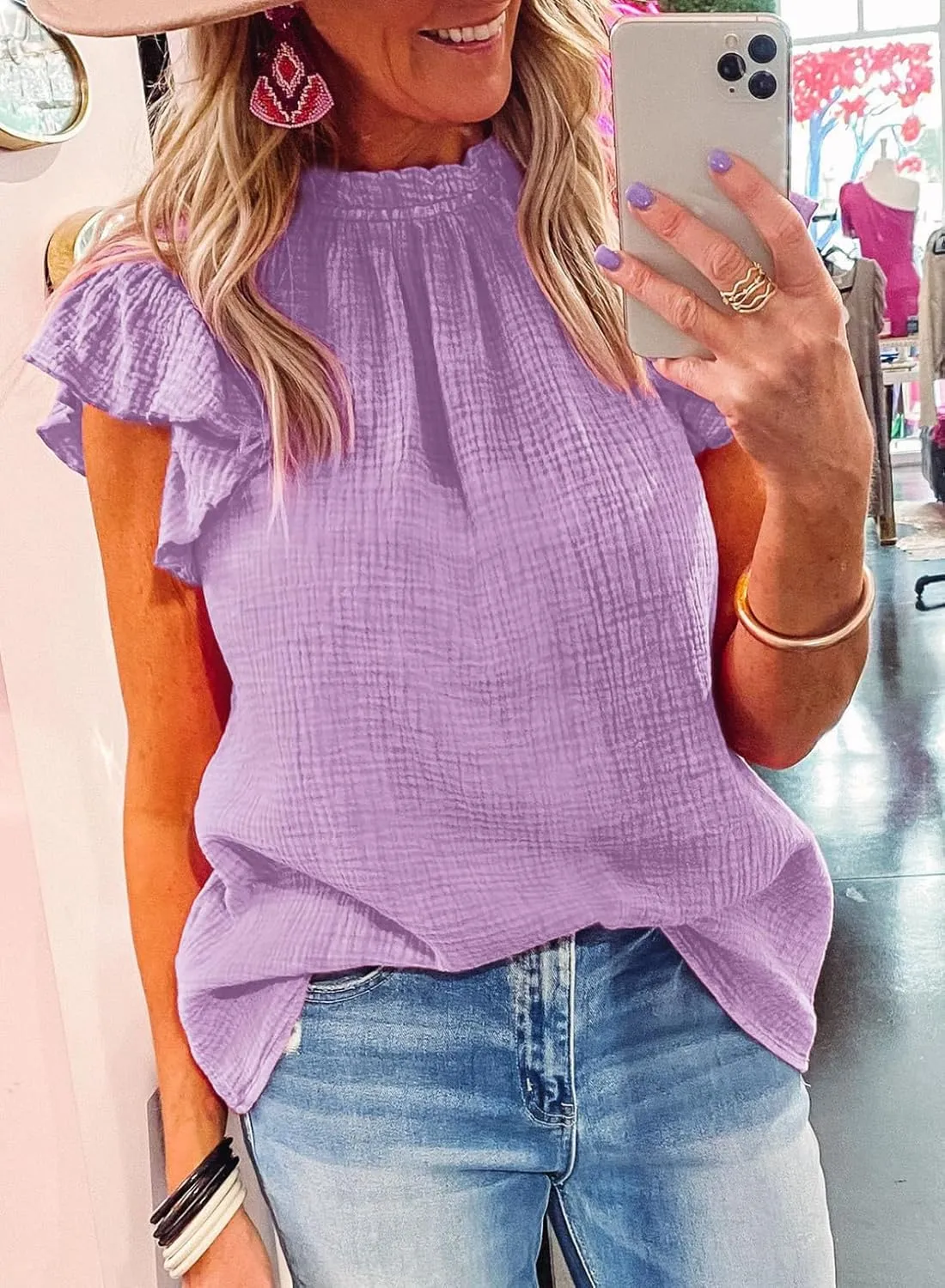 Dokotoo Casual Blouses for Women Crewneck Smocked Ruffle Short Sleeve Babydoll Womens Tops