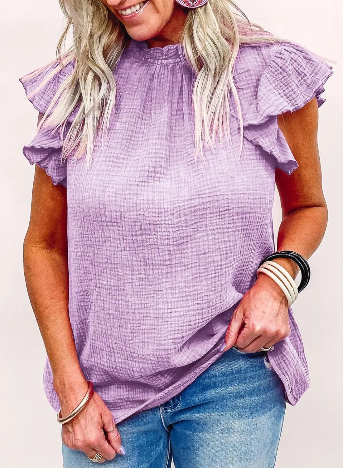Dokotoo Casual Blouses for Women Crewneck Smocked Ruffle Short Sleeve Babydoll Womens Tops