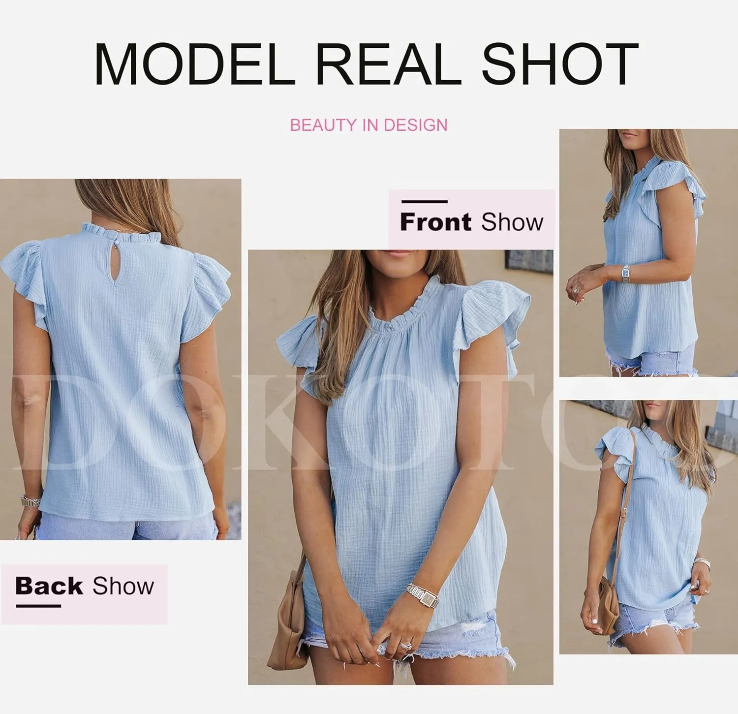 Dokotoo Casual Blouses for Women Crewneck Smocked Ruffle Short Sleeve Babydoll Womens Tops