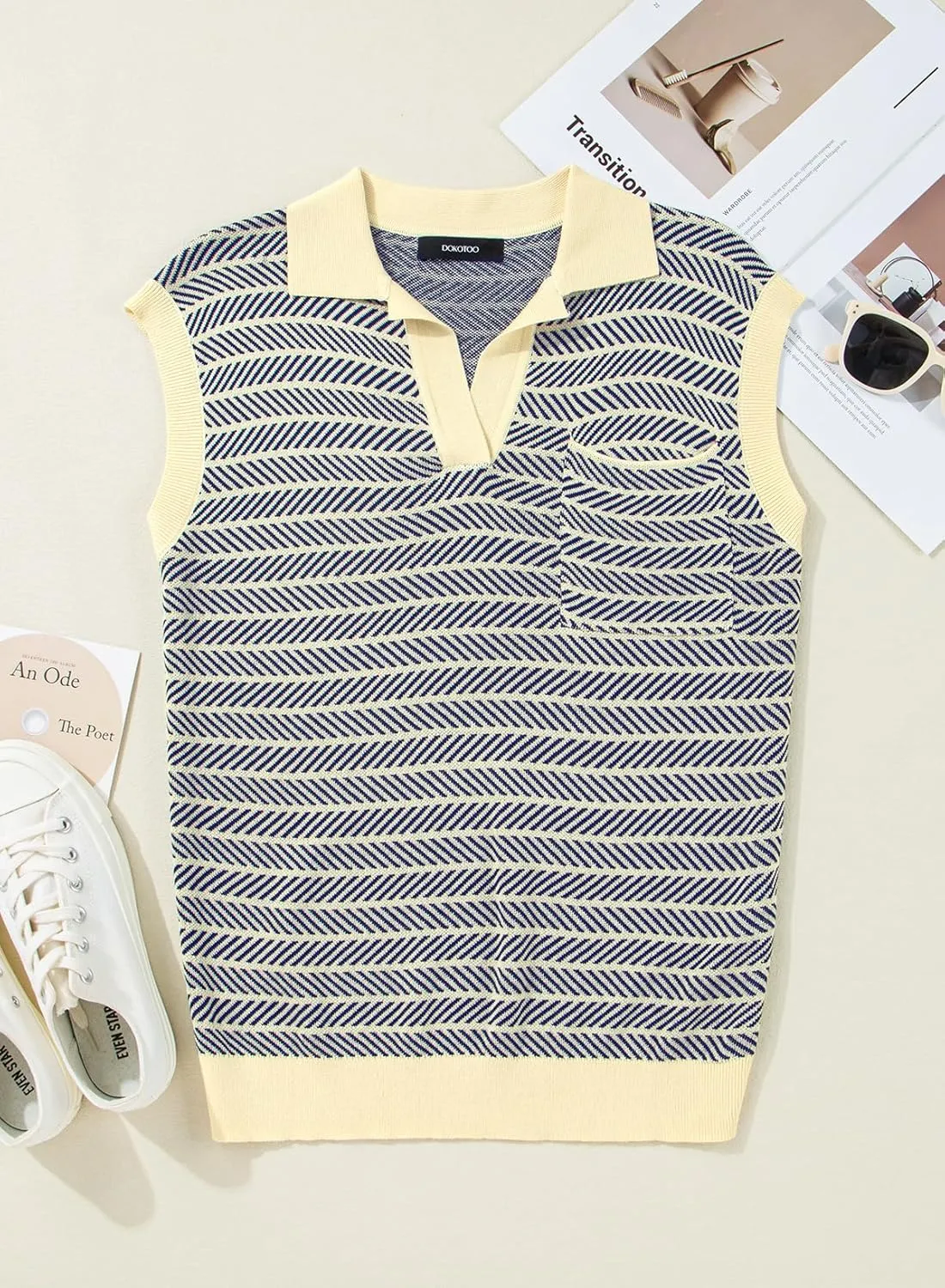 Dokotoo Women's Summer Short Cap Sleeve Sweaters Tops Casual Striped Color Block V Neck Polo Knit Shirts Blouses