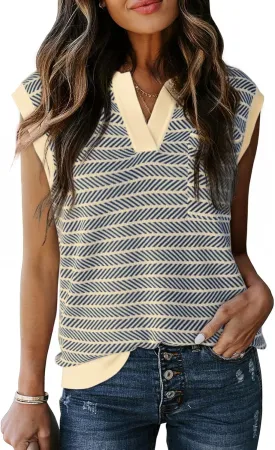 Dokotoo Women's Summer Short Cap Sleeve Sweaters Tops Casual Striped Color Block V Neck Polo Knit Shirts Blouses