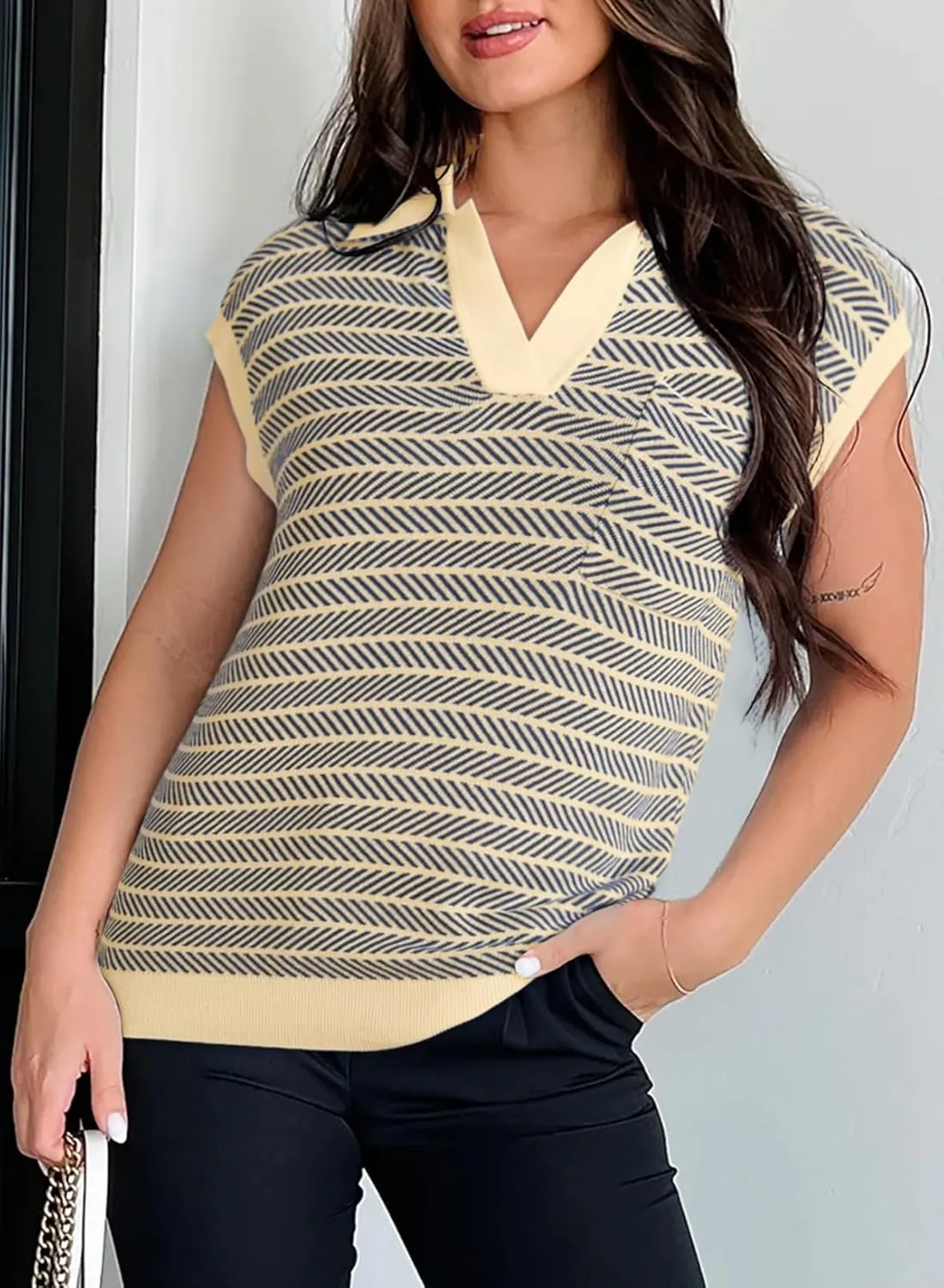 Dokotoo Women's Summer Short Cap Sleeve Sweaters Tops Casual Striped Color Block V Neck Polo Knit Shirts Blouses