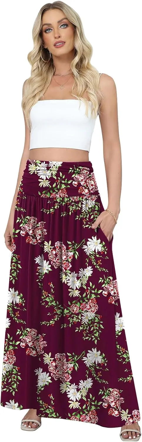 DouBCQ Maxi Skirts for Women High Waisted Long Skirts with Pockets Ankle Length Casual Skirt