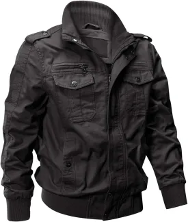 EKLENTSON Men's Cotton Lightweight Multi Pockets Zip Front Stand Collar Military Jackets Windbreaker
