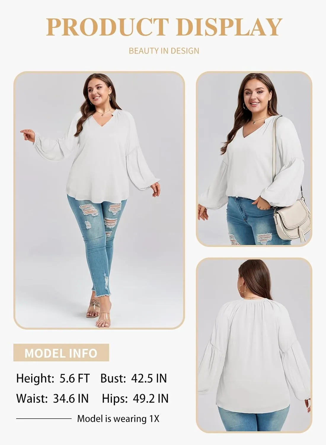Eytino Women Plus Size Tops Summer V Neck Long Sleeve Button Down Pleated Business Work Blouse Shirts(1X-5X)