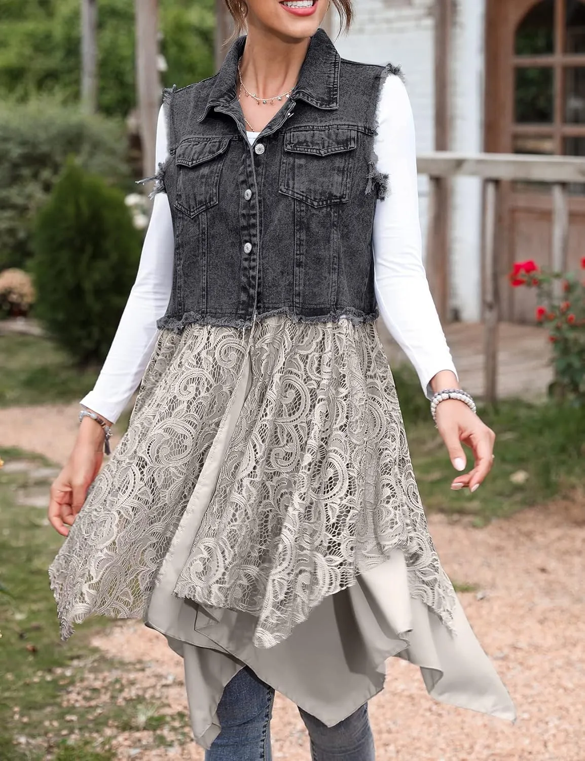 Flygo Women's Sleeveless Denim Vest Jean Dress Mid Long Irregular Lace Patchwork Draped Cardigan Jacket