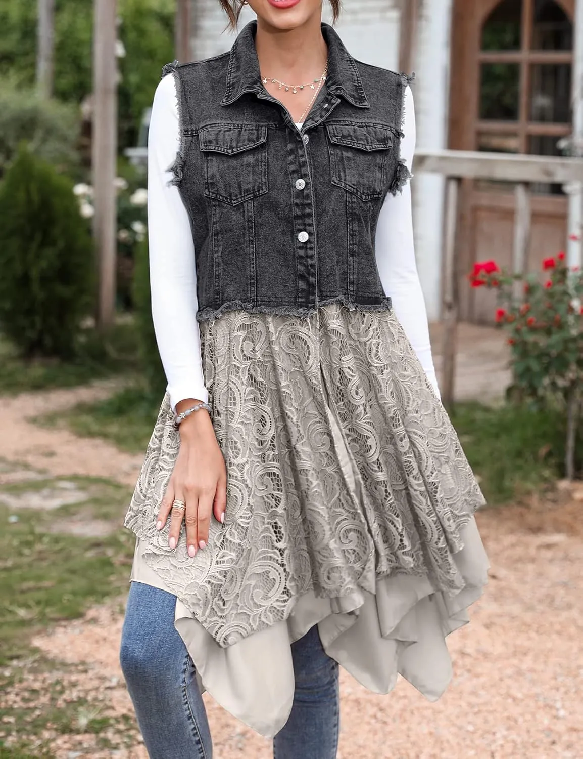 Flygo Women's Sleeveless Denim Vest Jean Dress Mid Long Irregular Lace Patchwork Draped Cardigan Jacket