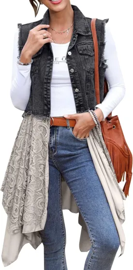 Flygo Women's Sleeveless Denim Vest Jean Dress Mid Long Irregular Lace Patchwork Draped Cardigan Jacket