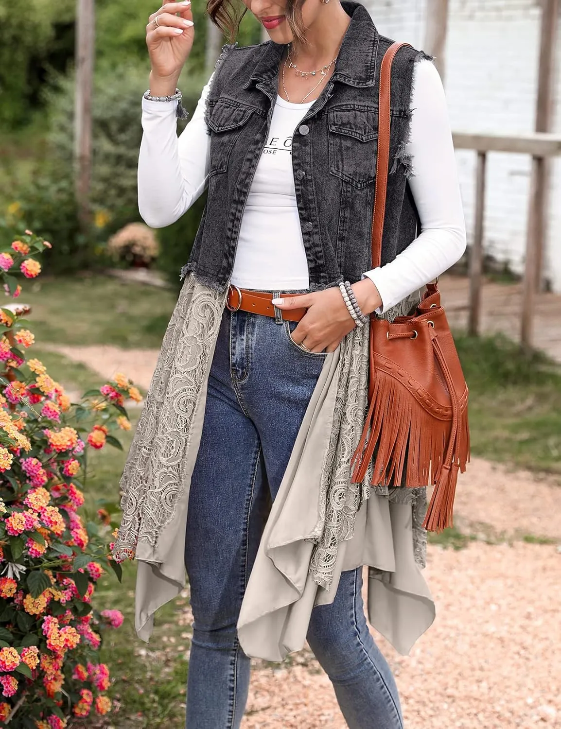 Flygo Women's Sleeveless Denim Vest Jean Dress Mid Long Irregular Lace Patchwork Draped Cardigan Jacket