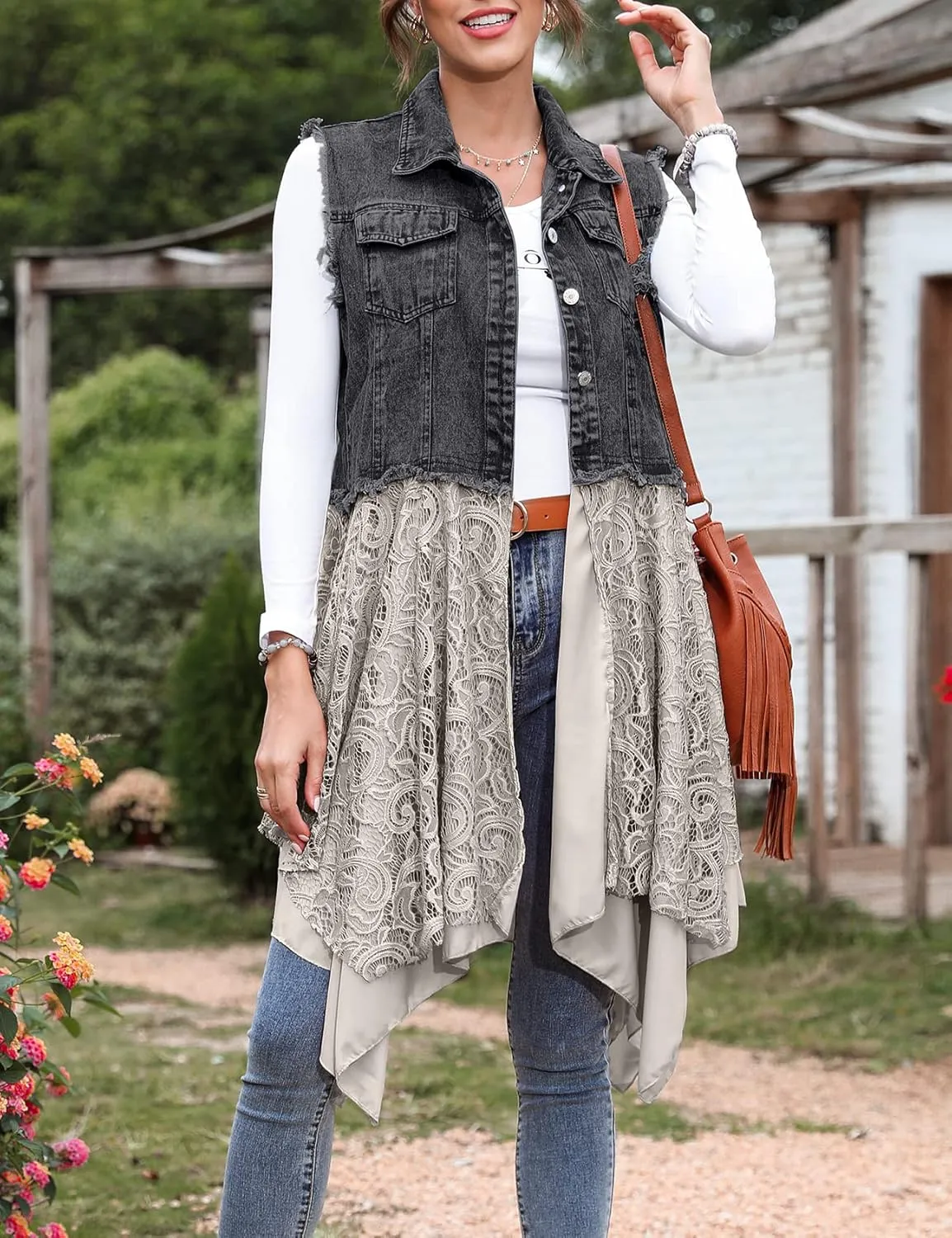 Flygo Women's Sleeveless Denim Vest Jean Dress Mid Long Irregular Lace Patchwork Draped Cardigan Jacket