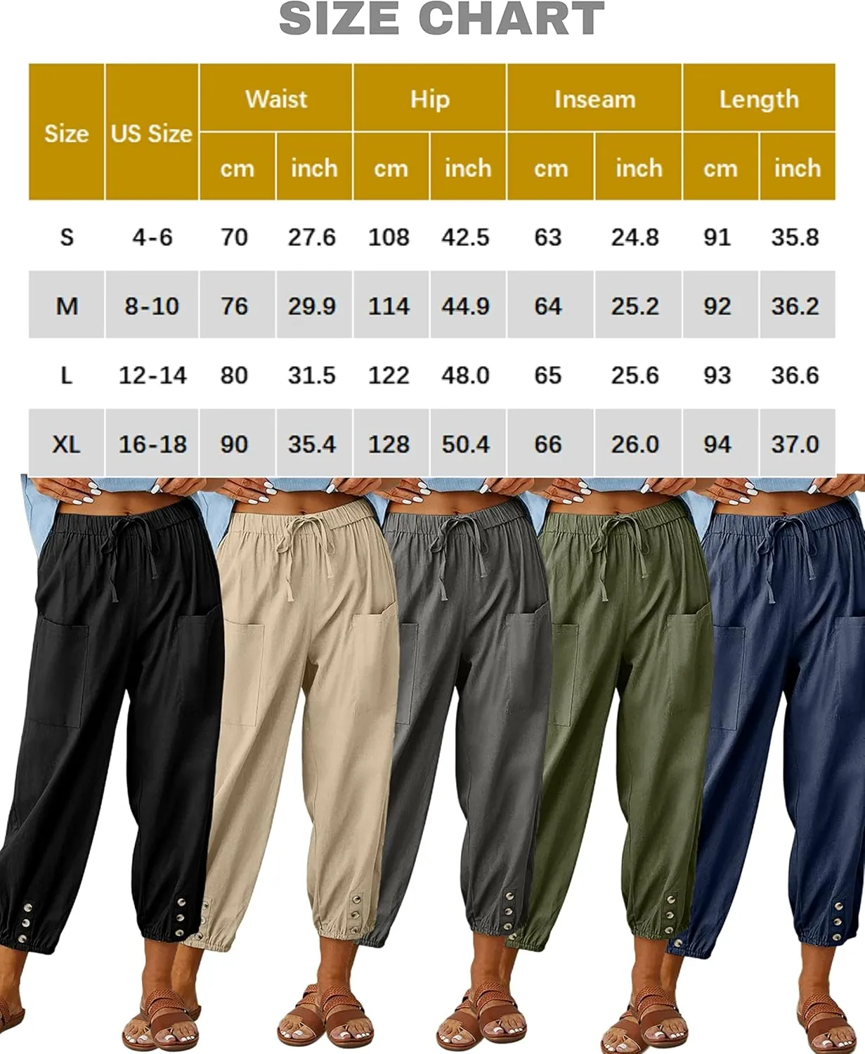 HangNiFang Cotton Linen Capri Pants for Women High Elastic Waisted Drawstring Cropped Pants with Pockets