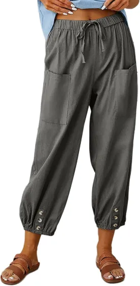 HangNiFang Cotton Linen Capri Pants for Women High Elastic Waisted Drawstring Cropped Pants with Pockets