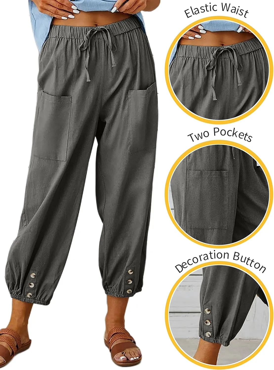 HangNiFang Cotton Linen Capri Pants for Women High Elastic Waisted Drawstring Cropped Pants with Pockets