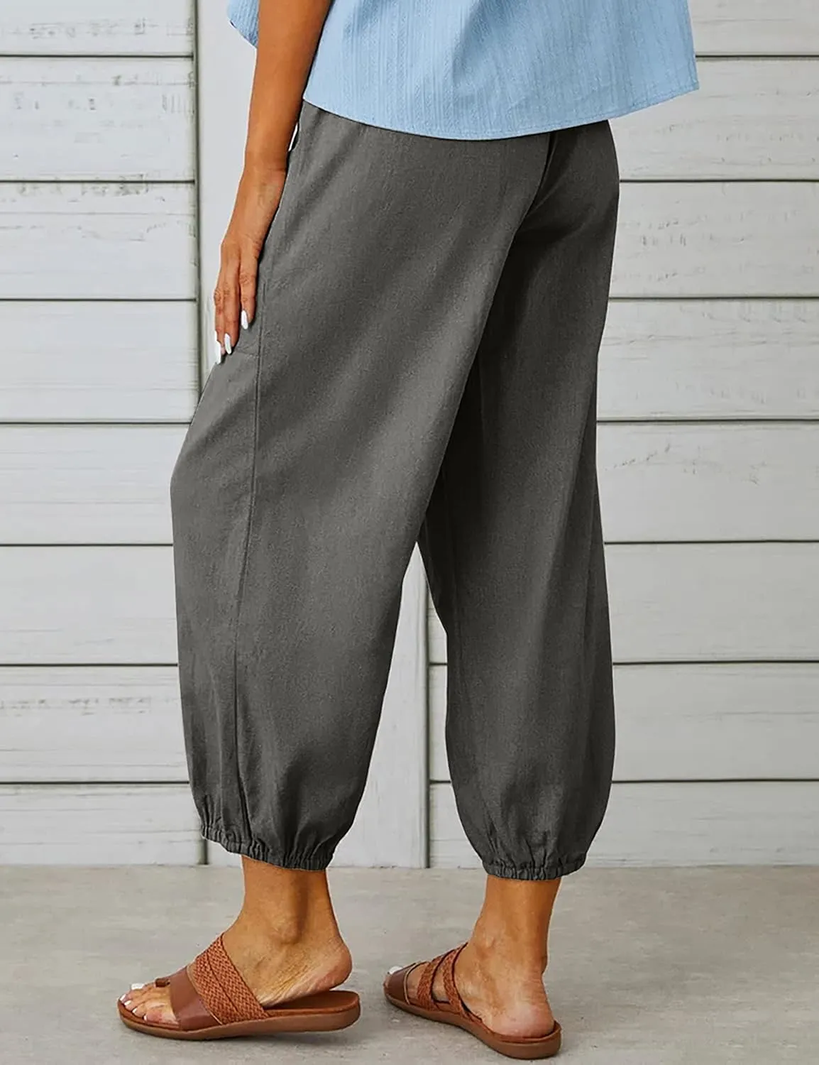 HangNiFang Cotton Linen Capri Pants for Women High Elastic Waisted Drawstring Cropped Pants with Pockets