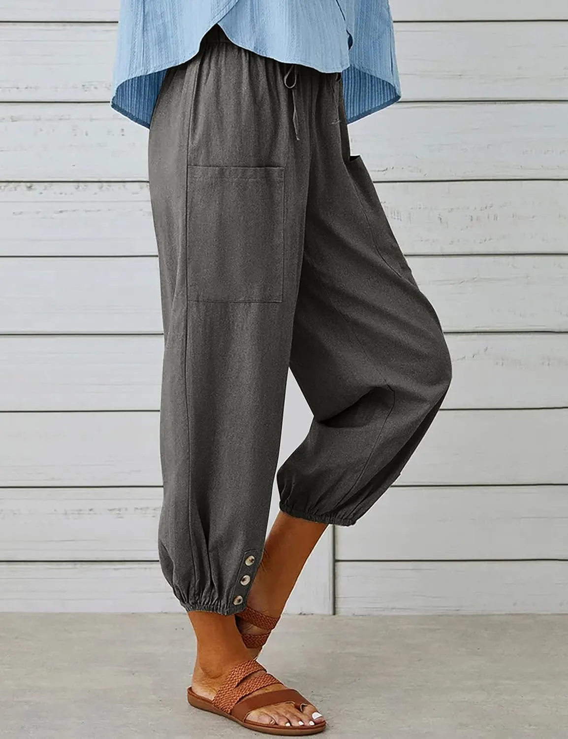 HangNiFang Cotton Linen Capri Pants for Women High Elastic Waisted Drawstring Cropped Pants with Pockets