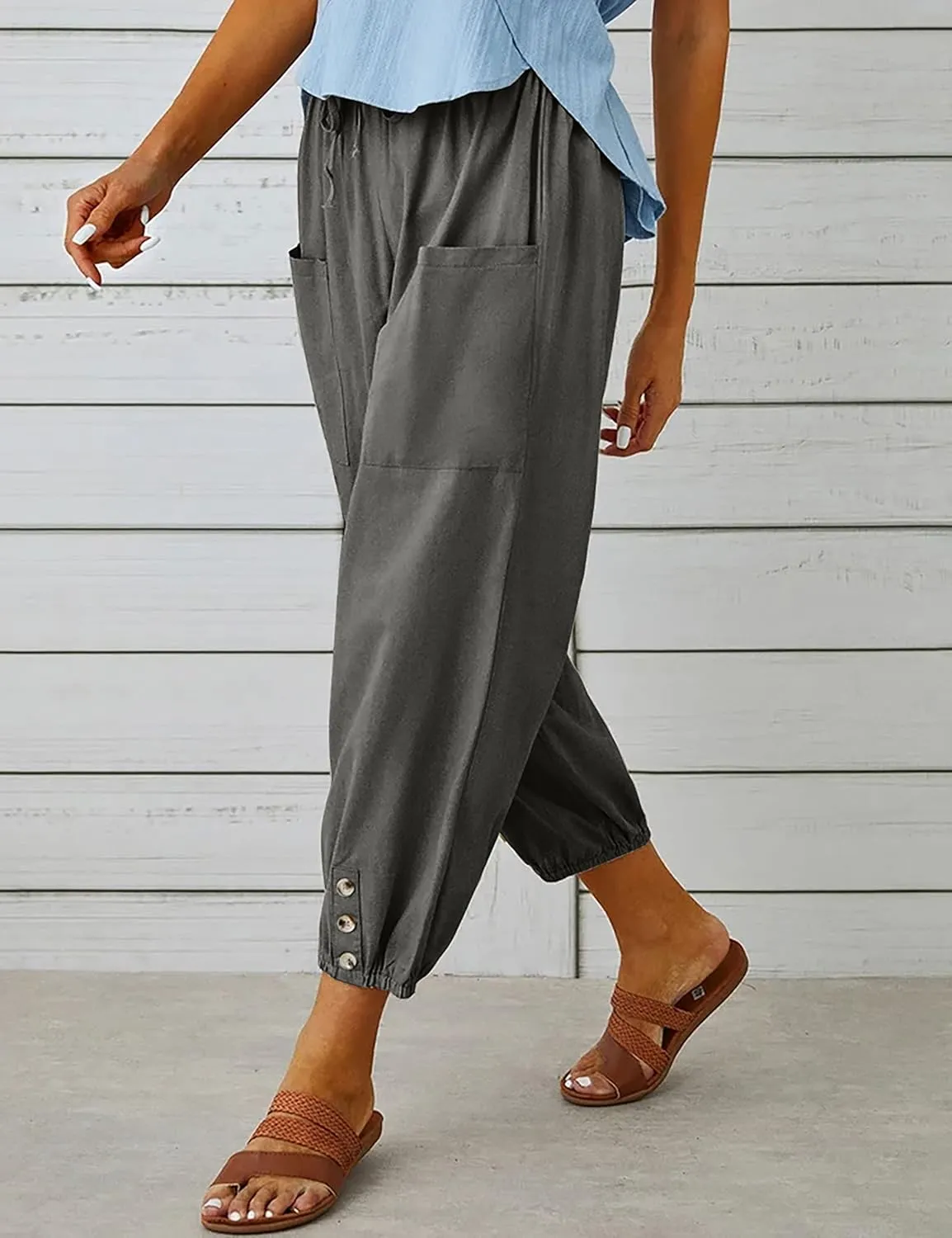 HangNiFang Cotton Linen Capri Pants for Women High Elastic Waisted Drawstring Cropped Pants with Pockets