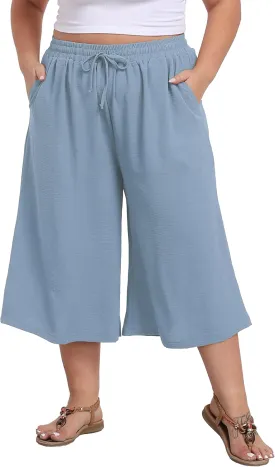 LIGHTBACK Women's Plus Size Wide Leg Capri Pants Loose Lounge Cropped Culottes Summer Casual Palazzo Pants with Pockets