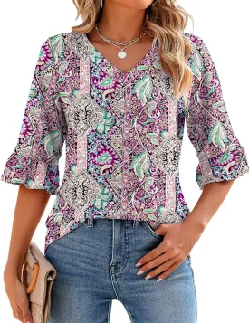 LOMON 3/4 Length Sleeve Womens Tops Summer V-Neck Blouses Spring Ruffle Sleeve Tunic T-Shirts Dressy Casual