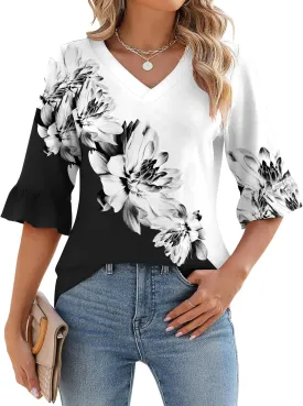 LOMON 3/4 Length Sleeve Womens Tops Summer V-Neck Blouses Spring Ruffle Sleeve Tunic T-Shirts Dressy Casual