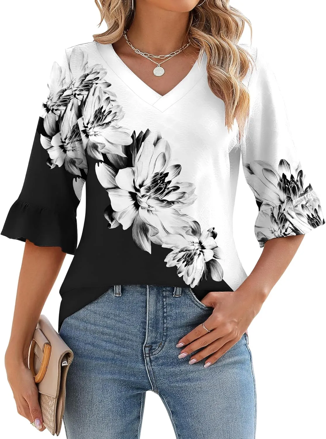 LOMON 3/4 Length Sleeve Womens Tops Summer V-Neck Blouses Spring Ruffle Sleeve Tunic T-Shirts Dressy Casual