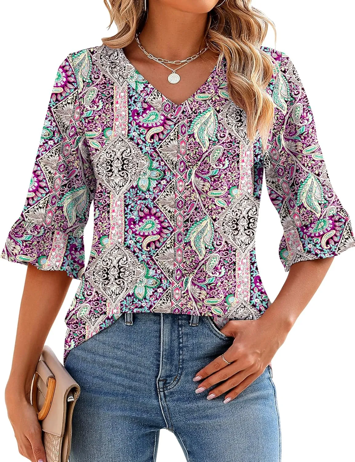 LOMON 3/4 Length Sleeve Womens Tops Summer V-Neck Blouses Spring Ruffle Sleeve Tunic T-Shirts Dressy Casual