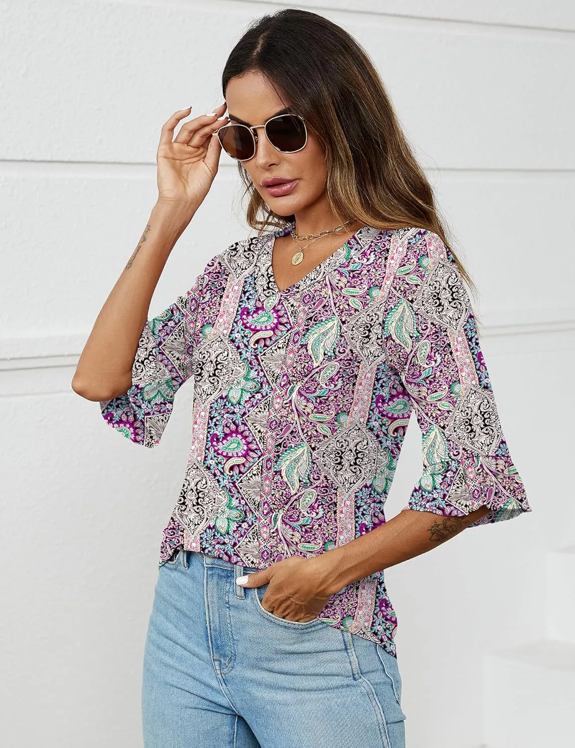 LOMON 3/4 Length Sleeve Womens Tops Summer V-Neck Blouses Spring Ruffle Sleeve Tunic T-Shirts Dressy Casual