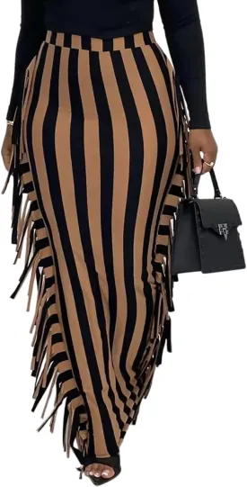Lrady Women's Elastic Waist Slim Bodycon Side Tassels Long Maxi Pencil Skirts