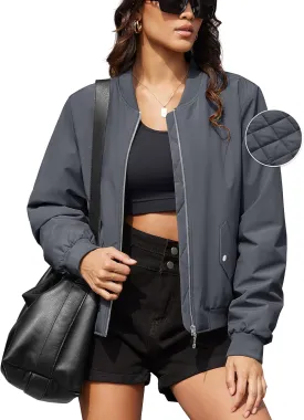 MAGCOMSEN Women's Bomber Jacket Casual Quilted Lined Coat Zip Up Winter Fall Windbreaker Fashion Outerwear with Pockets