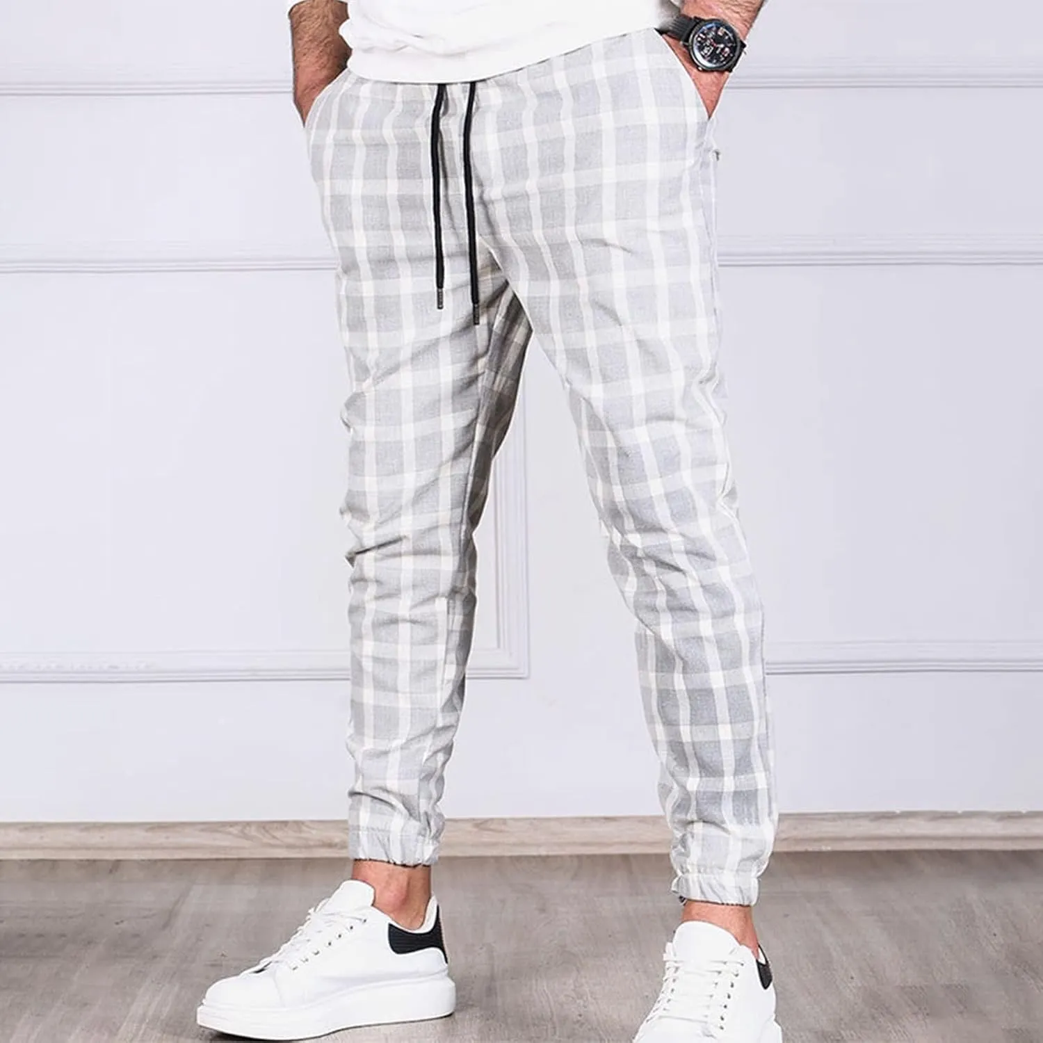 Men's Slim Fit Stretch Plaid Pants Flannel Jogger Pajama Lounge Pant Skinny Track Trousers with Pockets