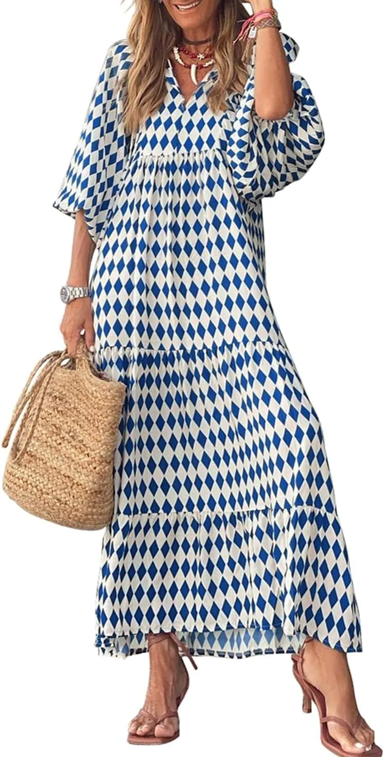 miduo Womens Loose Fit Casual Summer V Neck Half Sleeve Bohemian Geometric Pattern Maxi Long Dresses