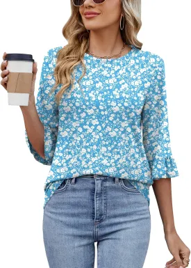 Poetsky Women's 3/4 Sleeve Tops Casual Crew Neck T Shirts Spring Summer Loose Ruffle Tunic Blouses