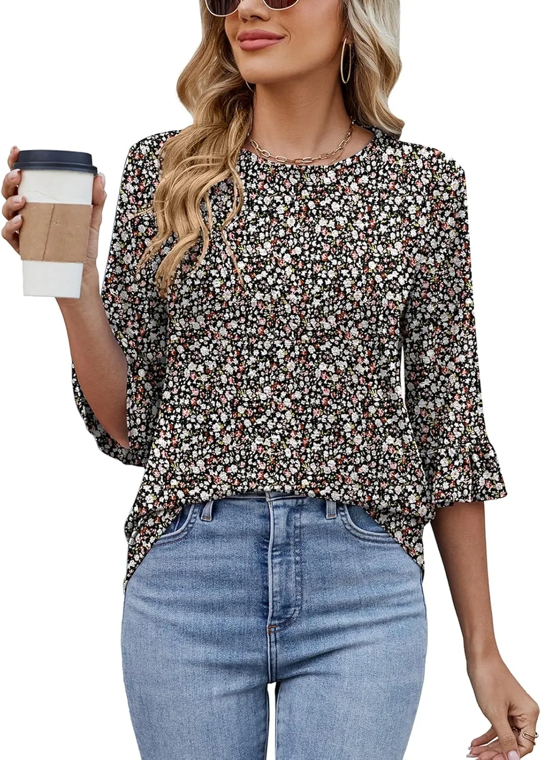 Poetsky Women's 3/4 Sleeve Tops Casual Crew Neck T Shirts Spring Summer Loose Ruffle Tunic Blouses