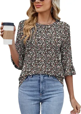 Poetsky Women's 3/4 Sleeve Tops Casual Crew Neck T Shirts Spring Summer Loose Ruffle Tunic Blouses