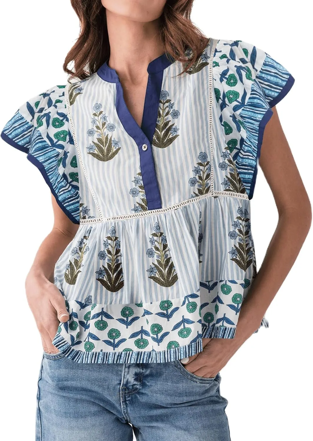 Ruffle Sleeve Tops for Women Boho Floral Peplum Shirts Flutter Sleeve Babydoll Flowy Shirt Blouse Going Out Tops