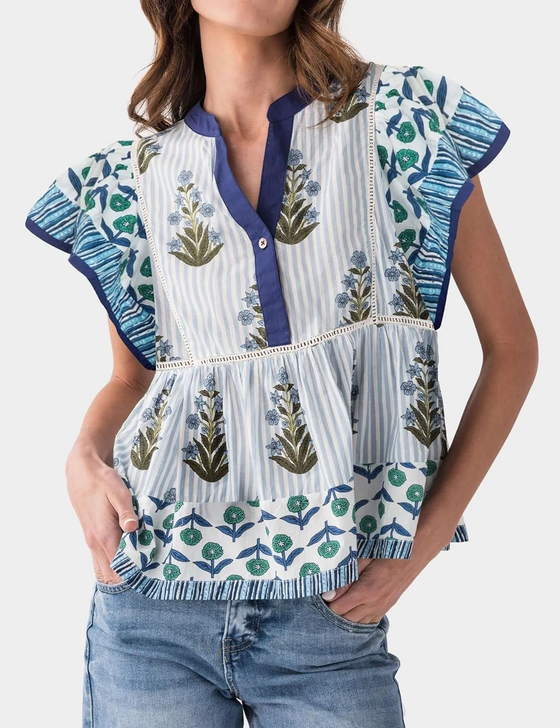 Ruffle Sleeve Tops for Women Boho Floral Peplum Shirts Flutter Sleeve Babydoll Flowy Shirt Blouse Going Out Tops