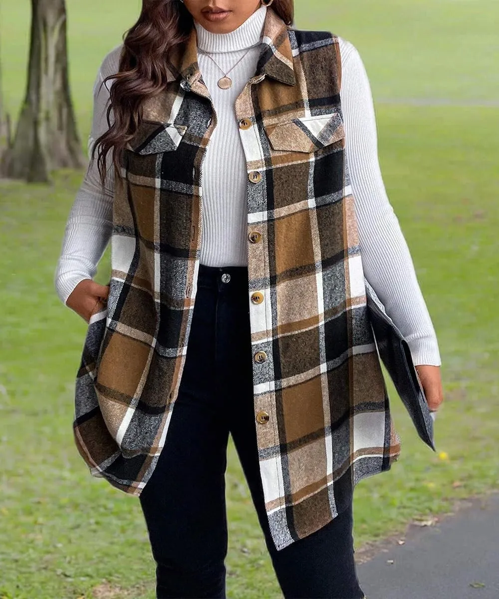 Sleeveless Flannel Vest for Women-Warm Plaid Vest,Button Front Fall Winter Waistcoat,Casual with Pockets(S-XXL