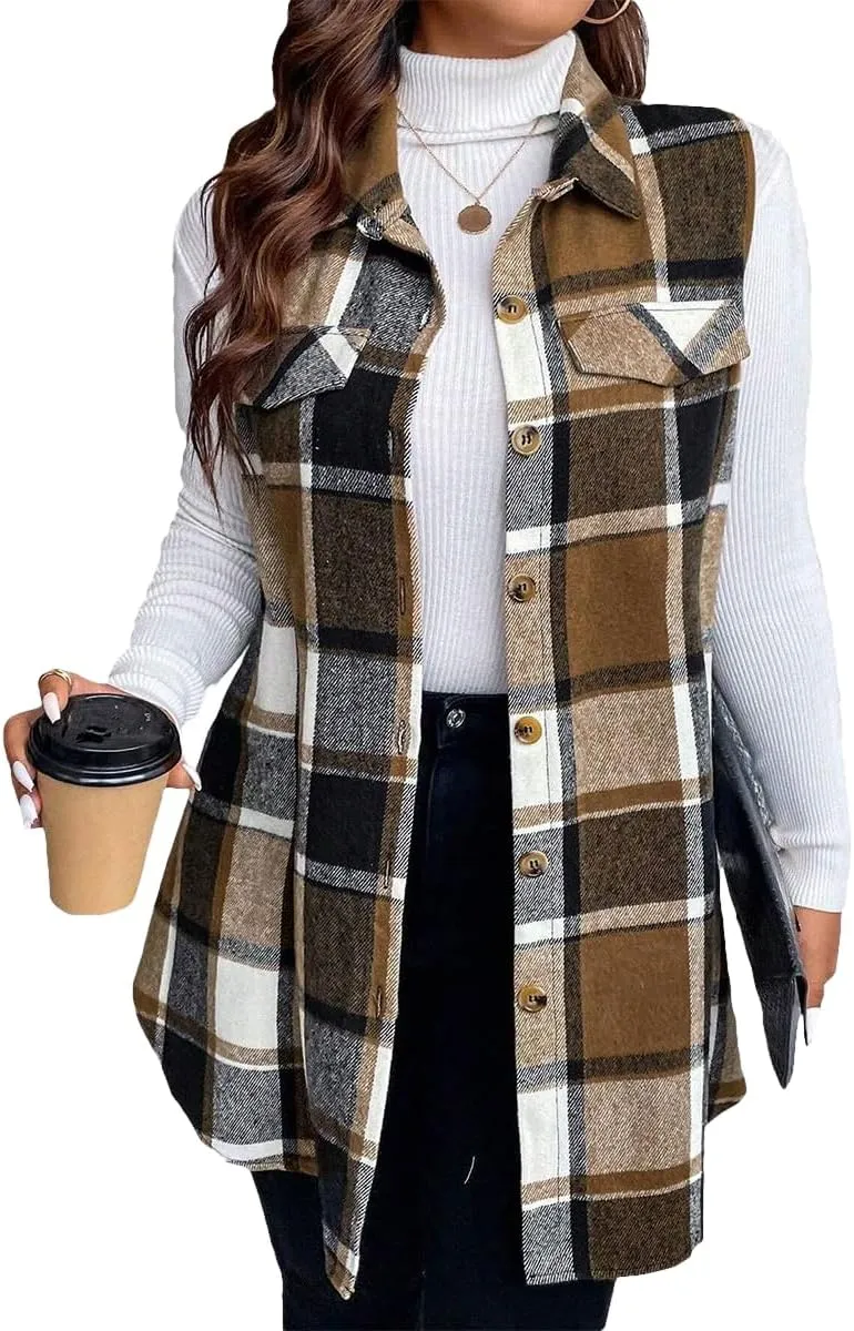 Sleeveless Flannel Vest for Women-Warm Plaid Vest,Button Front Fall Winter Waistcoat,Casual with Pockets(S-XXL