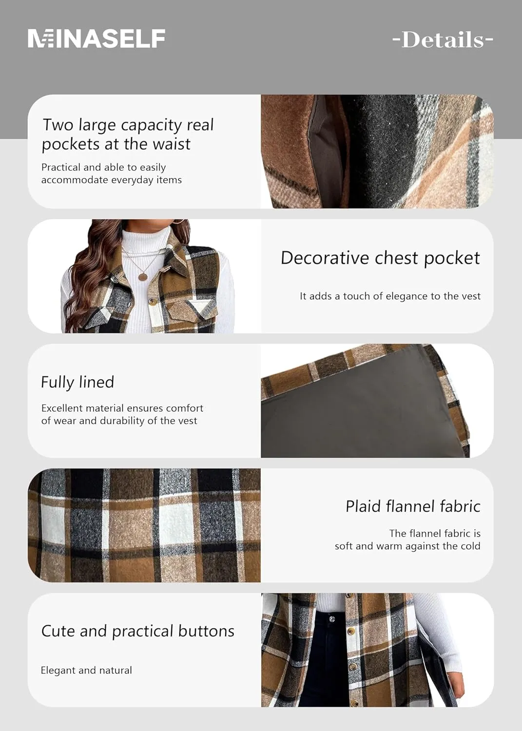 Sleeveless Flannel Vest for Women-Warm Plaid Vest,Button Front Fall Winter Waistcoat,Casual with Pockets(S-XXL