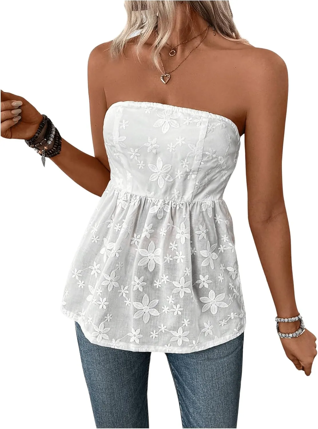 SweatyRocks Women's Strapless Sleeveless Floral Embroidery Tube Tops Smocked Summer Boho Tops